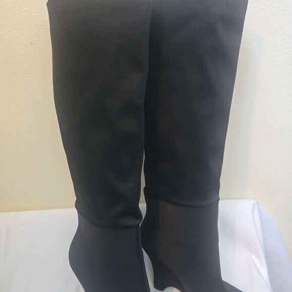 ego Black Point Toe Knee High Nylon Wedge Heel Boot, NWOT, Sz. 7 - Picture 3 of 7